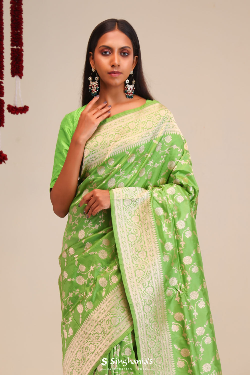 Parrot Green Jaali Banarasi Silk Saree