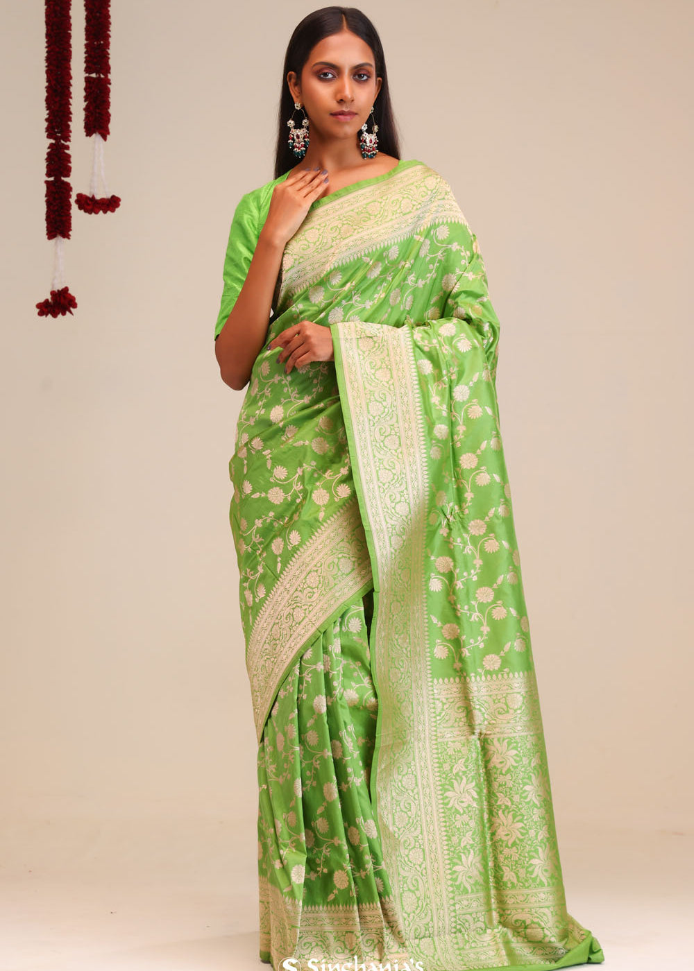 Parrot Green Jaali Banarasi Silk Saree