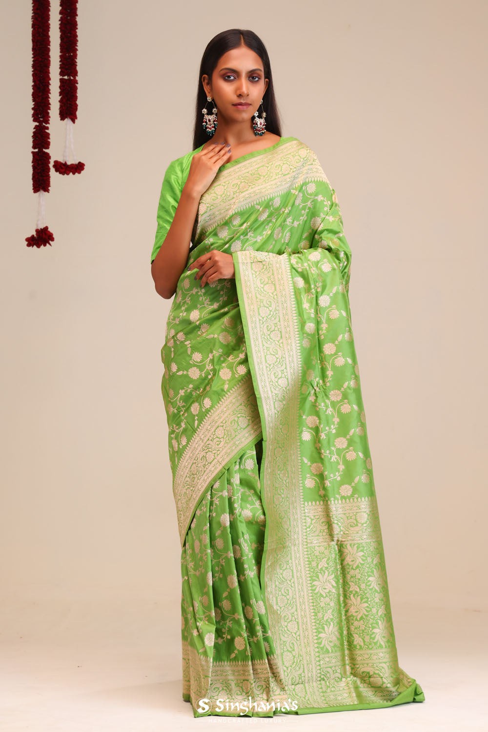Parrot Green Jaali Banarasi Silk Saree