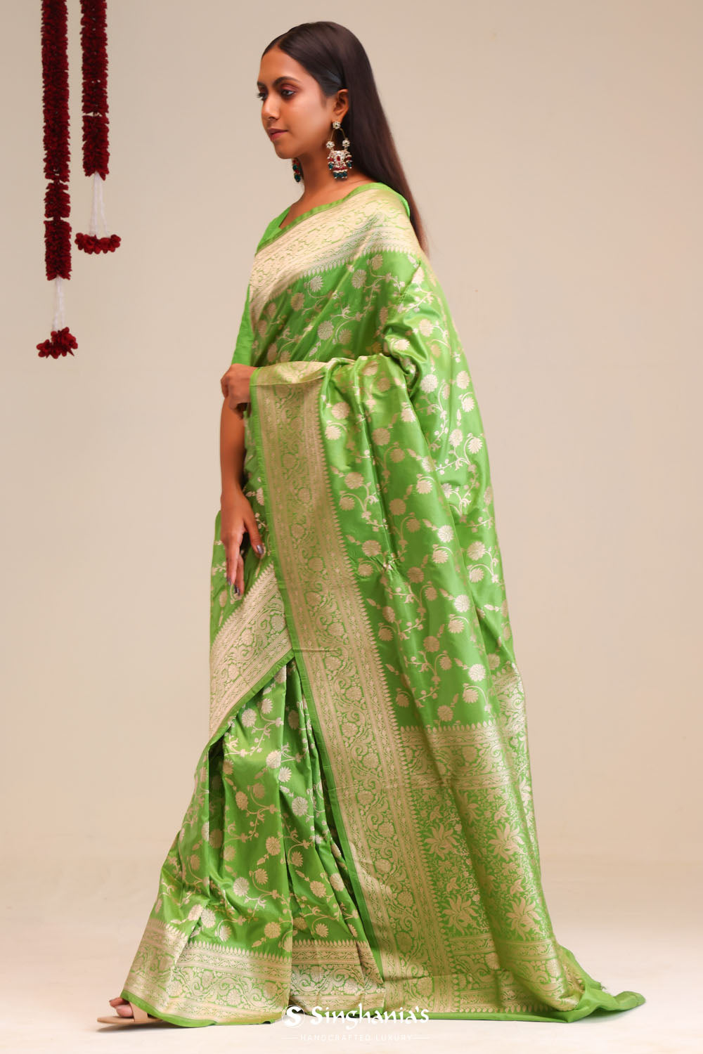 Parrot Green Jaali Banarasi Silk Saree
