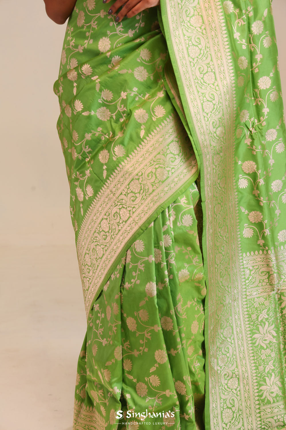 Parrot Green Jaali Banarasi Silk Saree