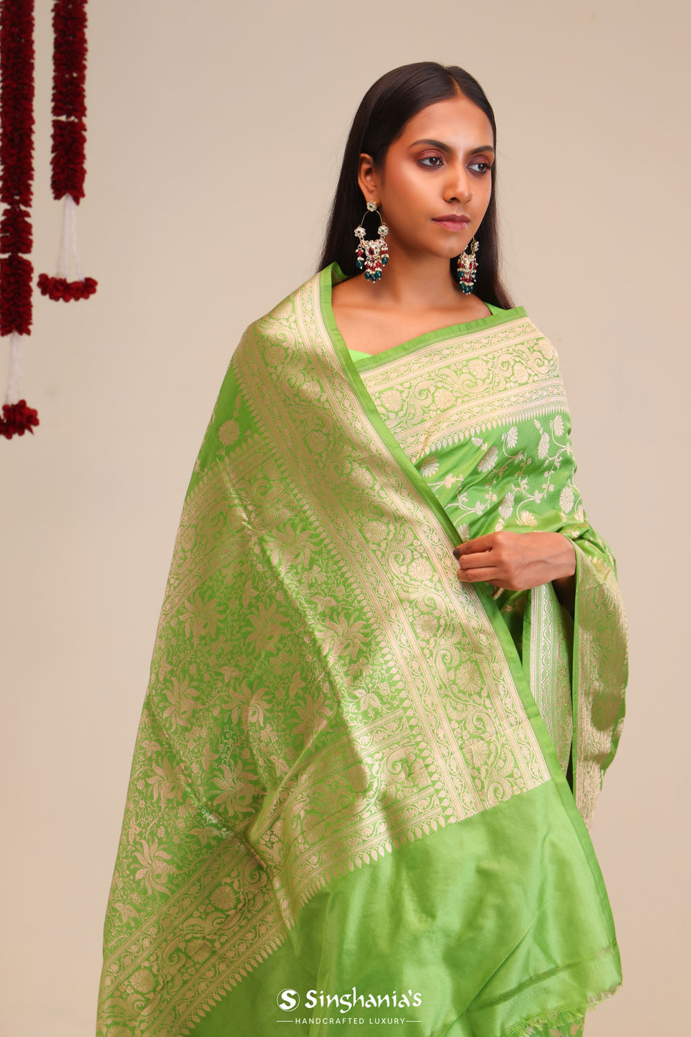 Parrot Green Jaali Banarasi Silk Saree