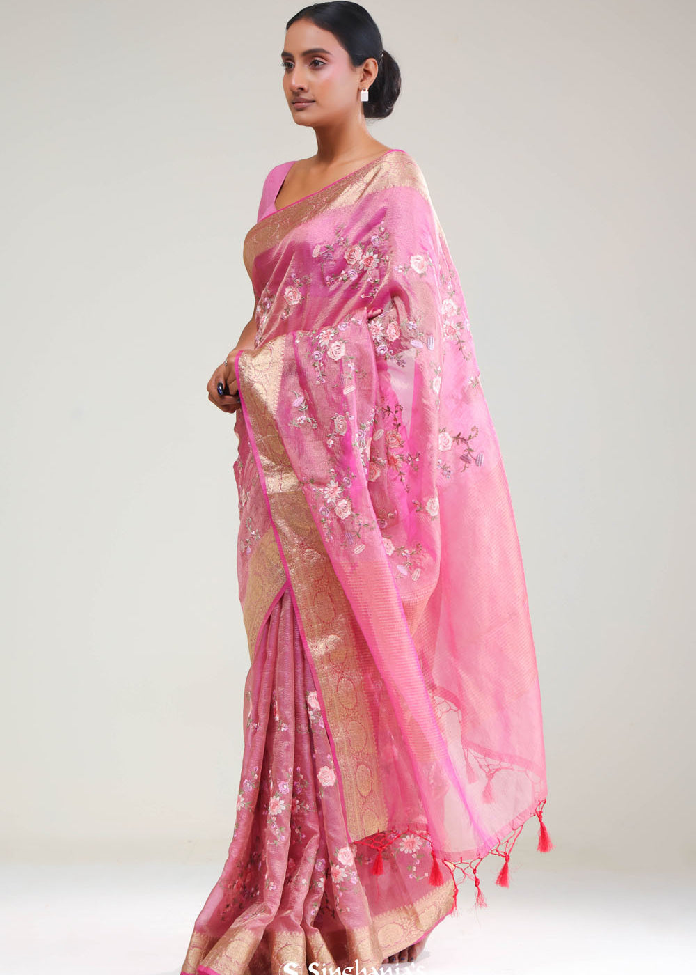 Hot Pink Crafted Tissue Saree