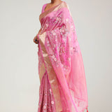 Hot Pink Crafted Tissue Saree