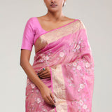 Hot Pink Crafted Tissue Saree