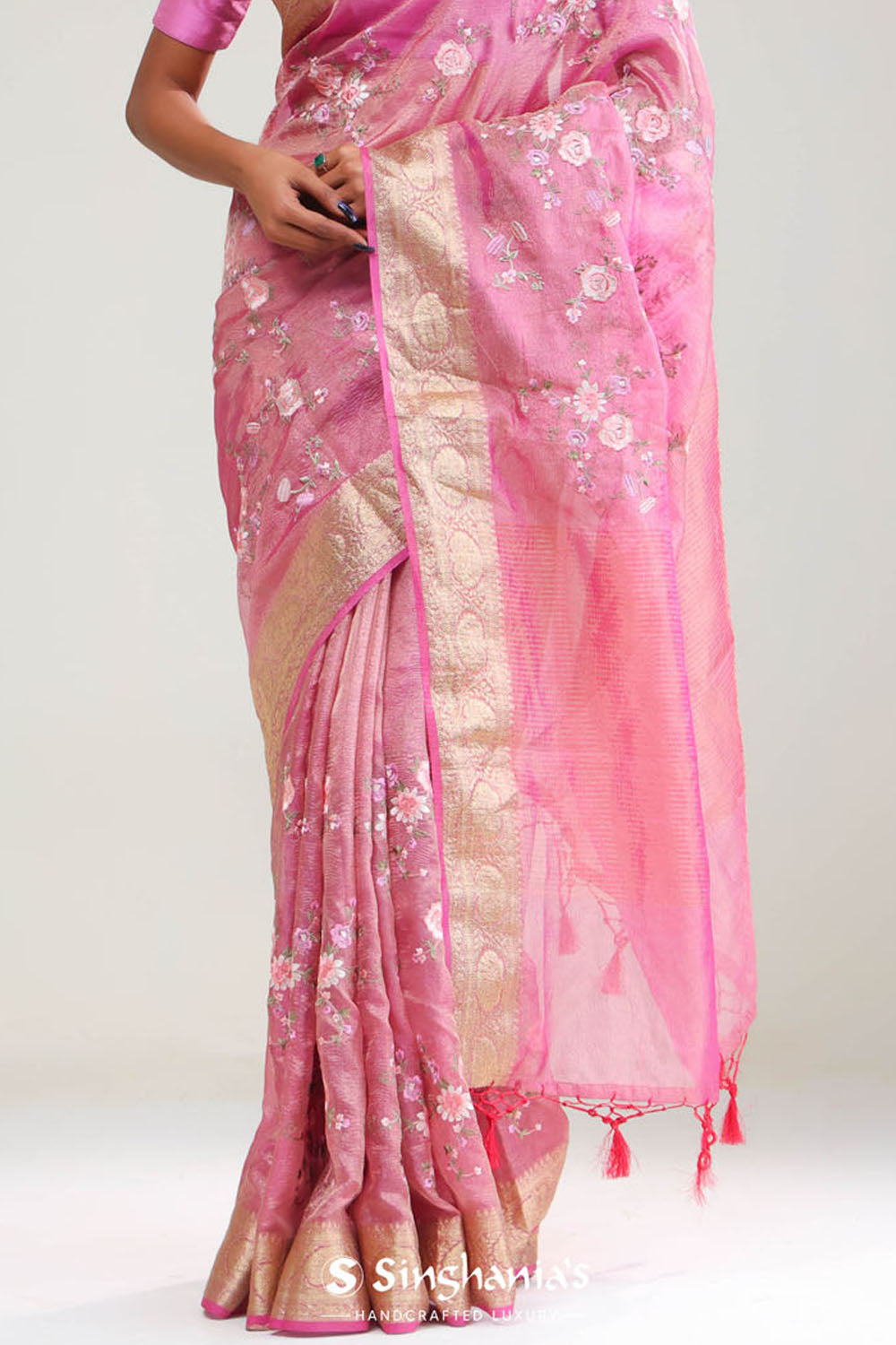 Hot Pink Crafted Tissue Saree