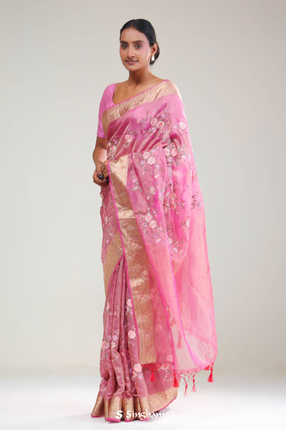 Hot Pink Crafted Tissue Saree