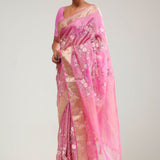 Hot Pink Crafted Tissue Saree