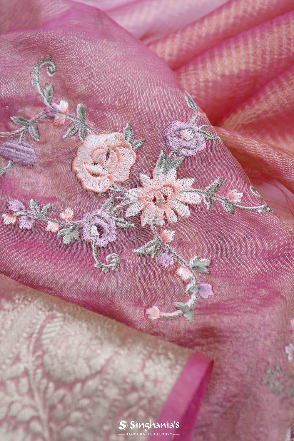 Hot Pink Crafted Tissue Saree