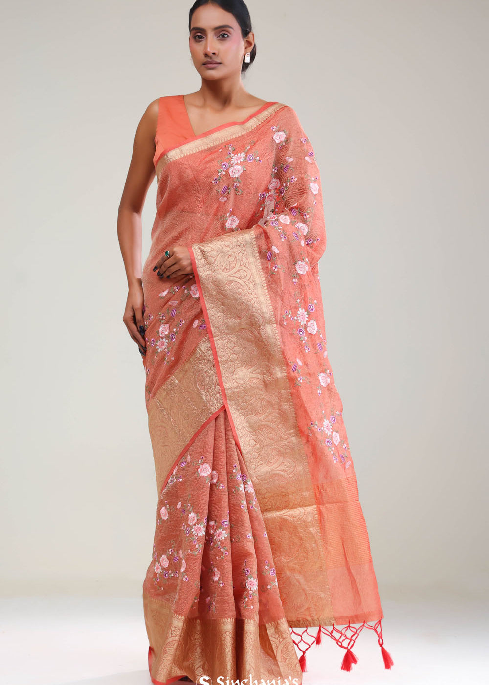Sunset Orange Crafted Tissue Saree