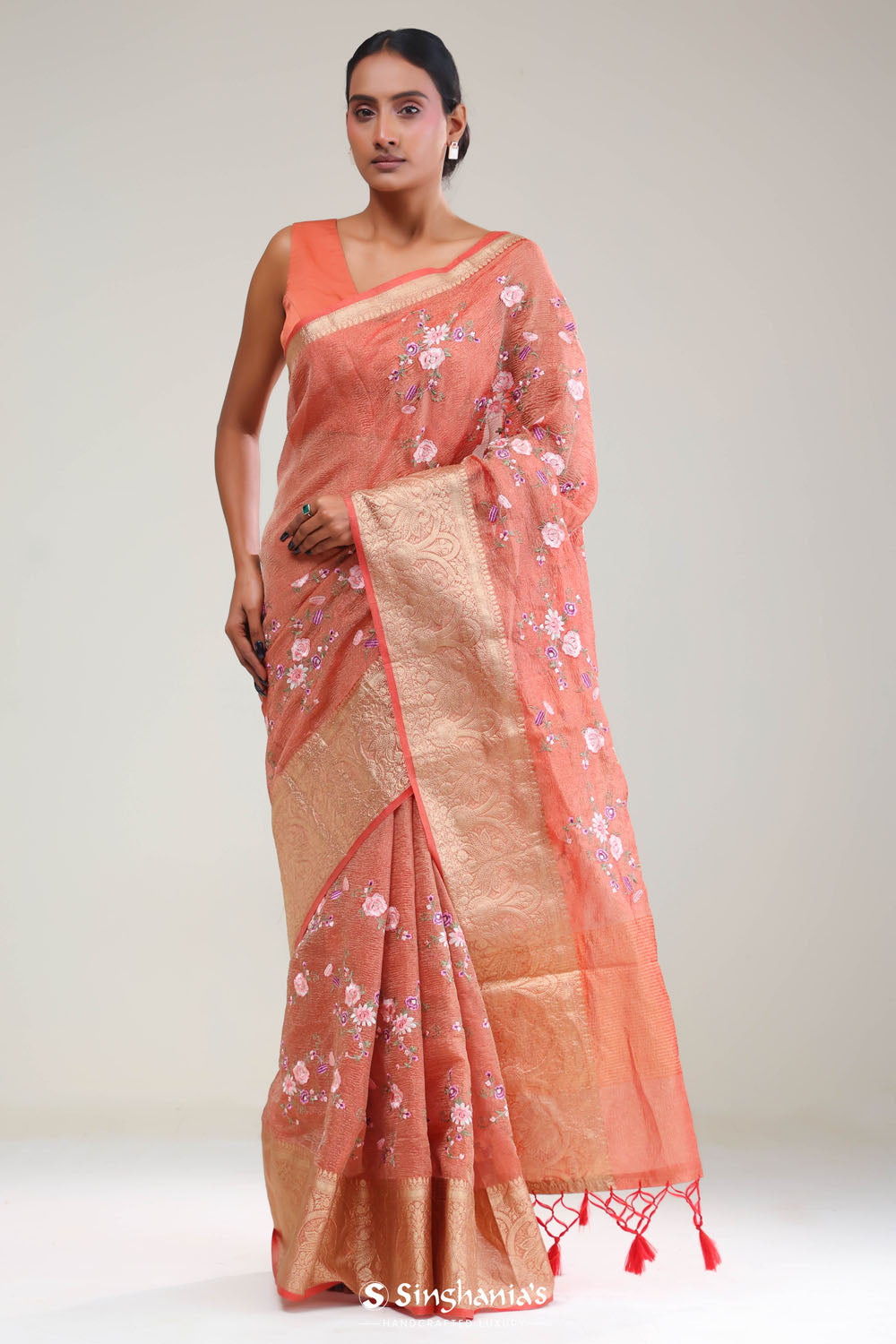 Sunset Orange Crafted Tissue Saree