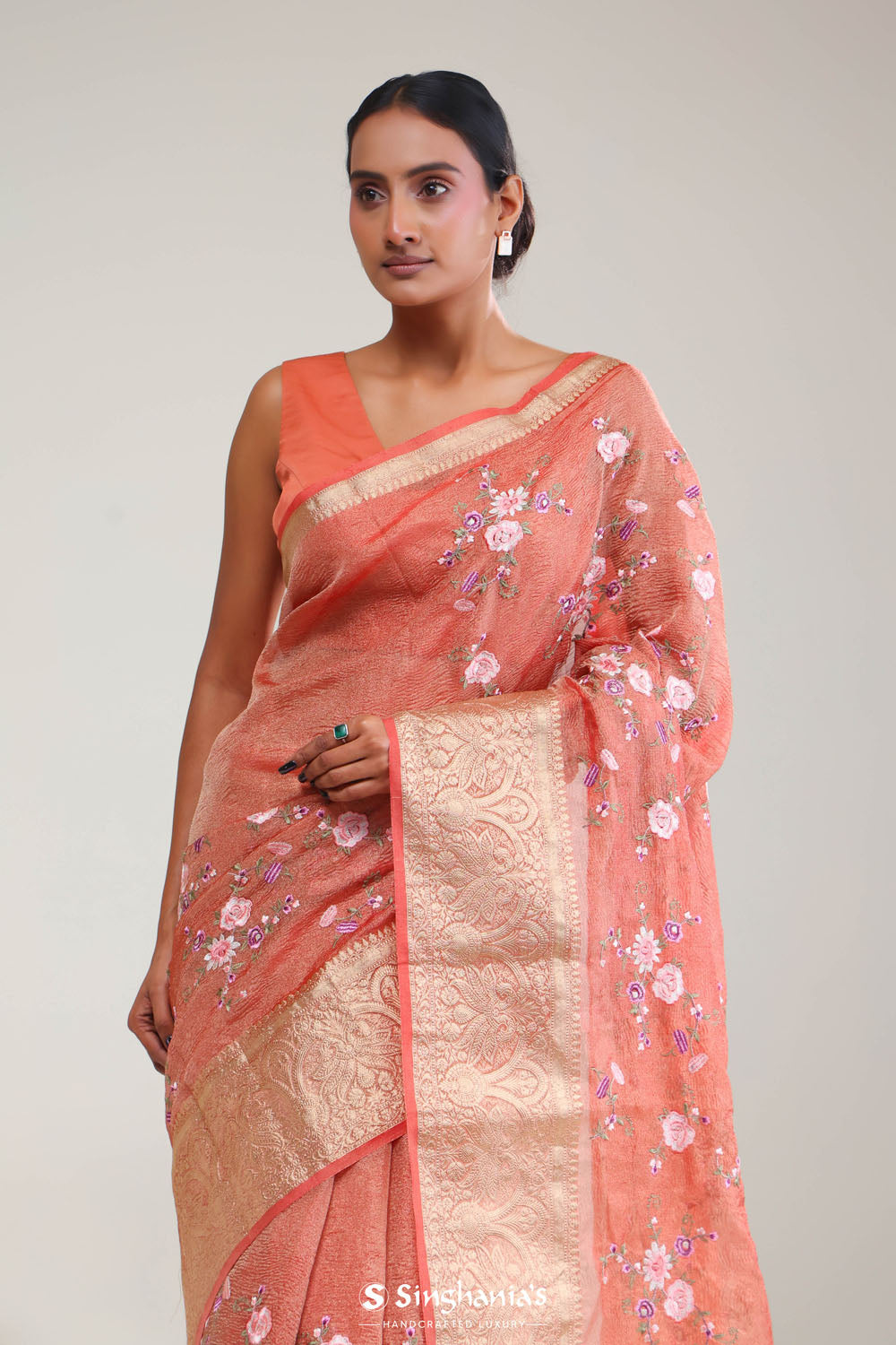 Sunset Orange Crafted Tissue Saree