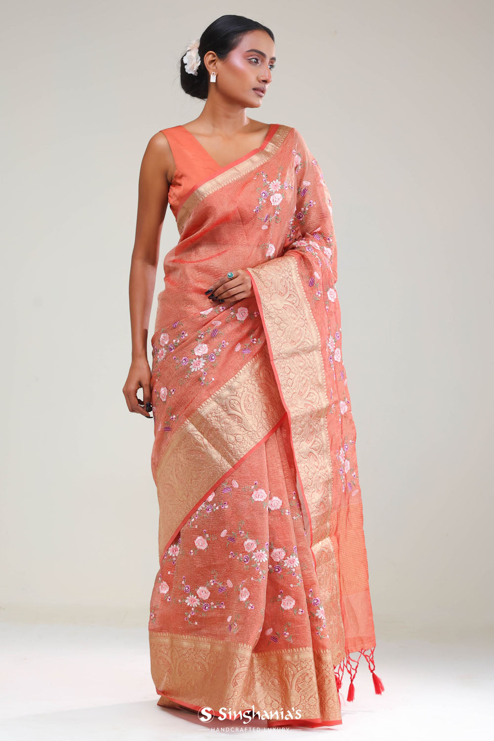 Sunset Orange Crafted Tissue Saree