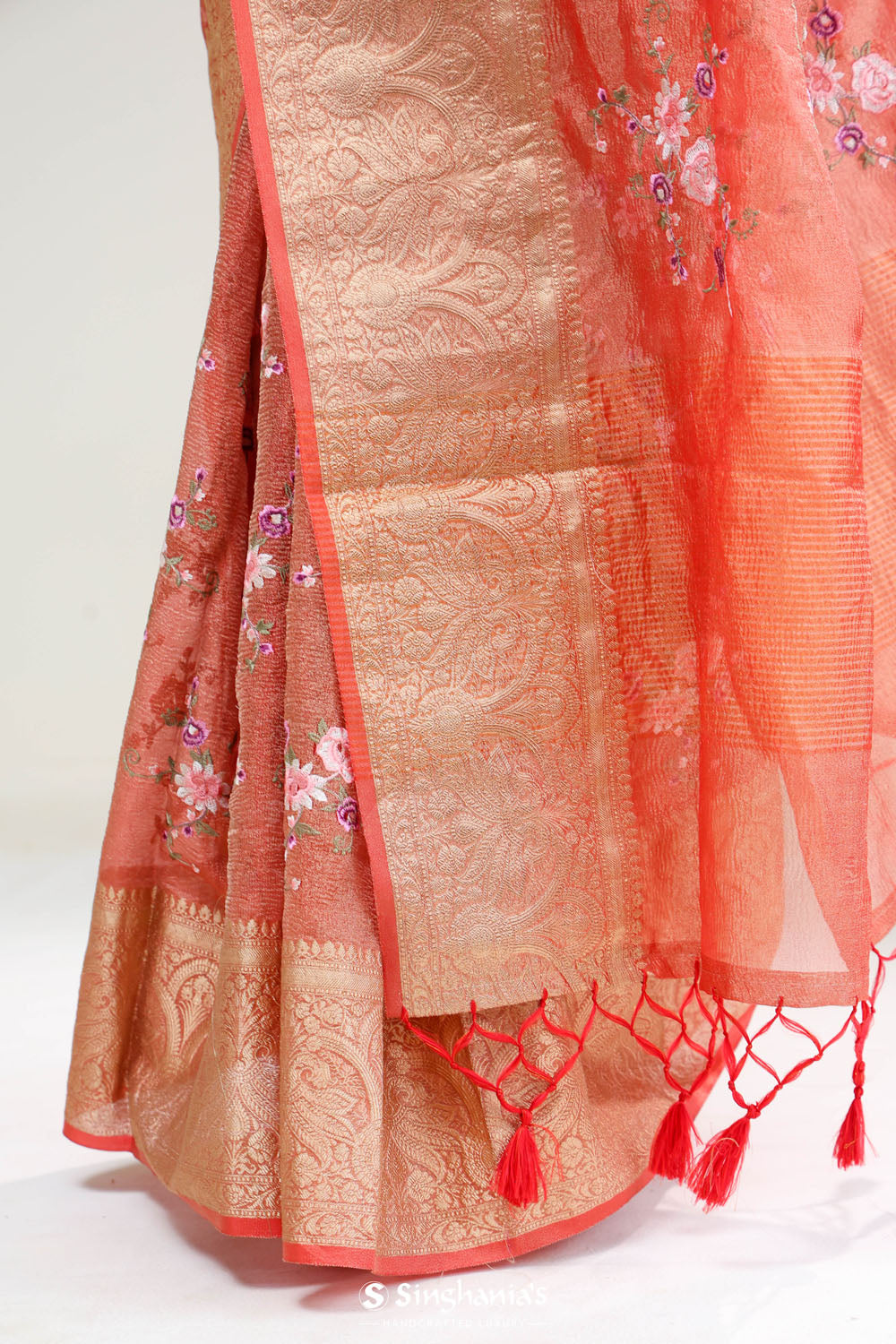 Sunset Orange Crafted Tissue Saree