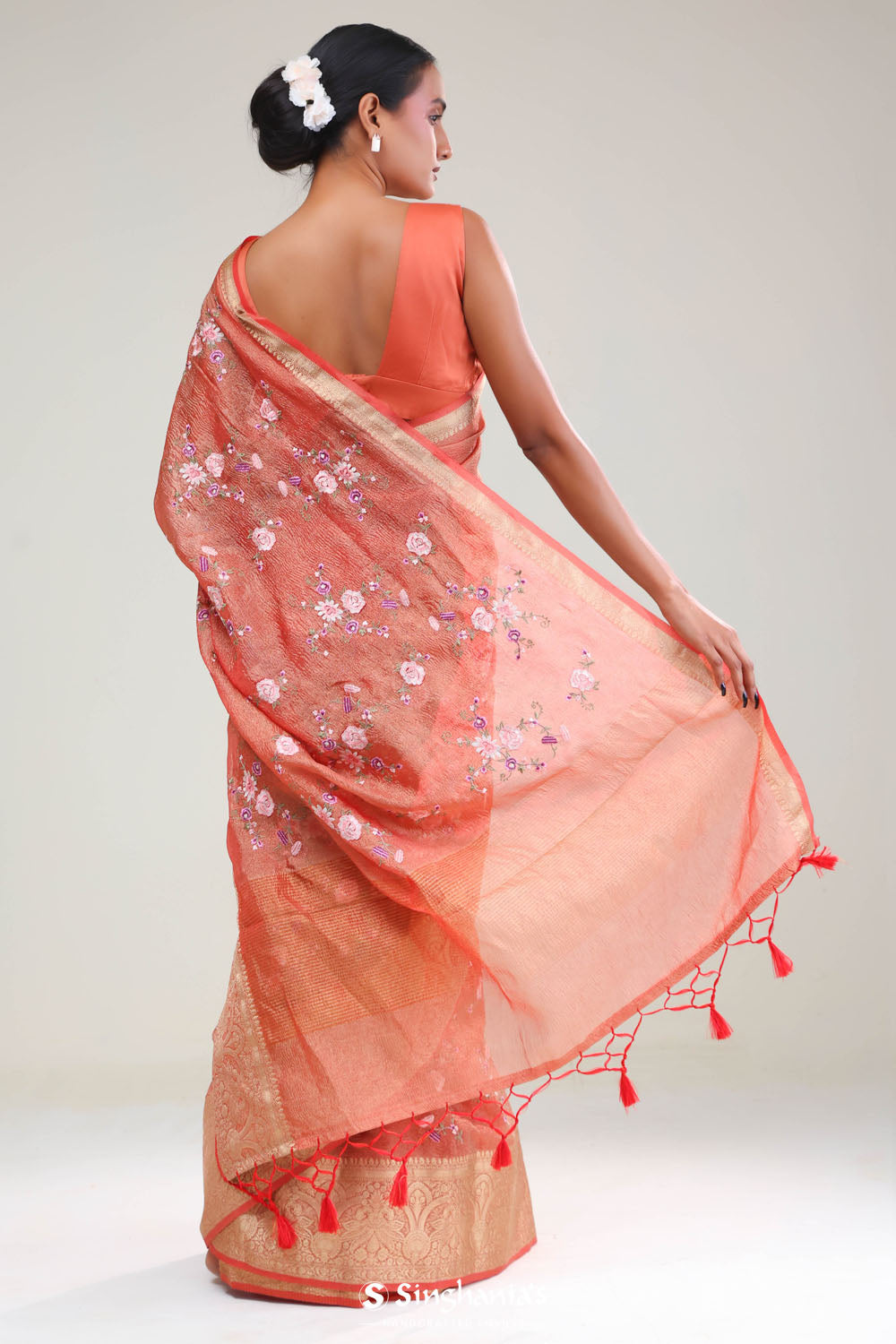Sunset Orange Crafted Tissue Saree