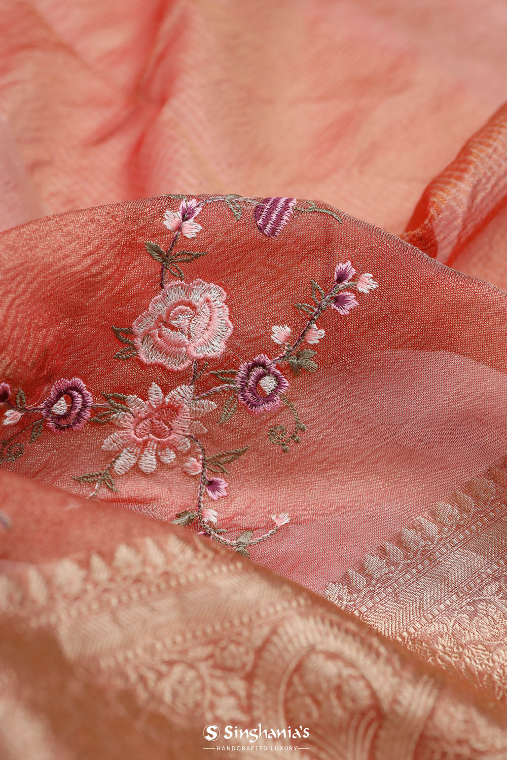 Sunset Orange Crafted Tissue Saree