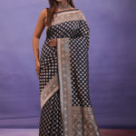 Black Banarasi Silk Saree Gold Zari Border And Butti'S