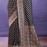 Black Banarasi Silk Saree Gold Zari Border And Butti'S