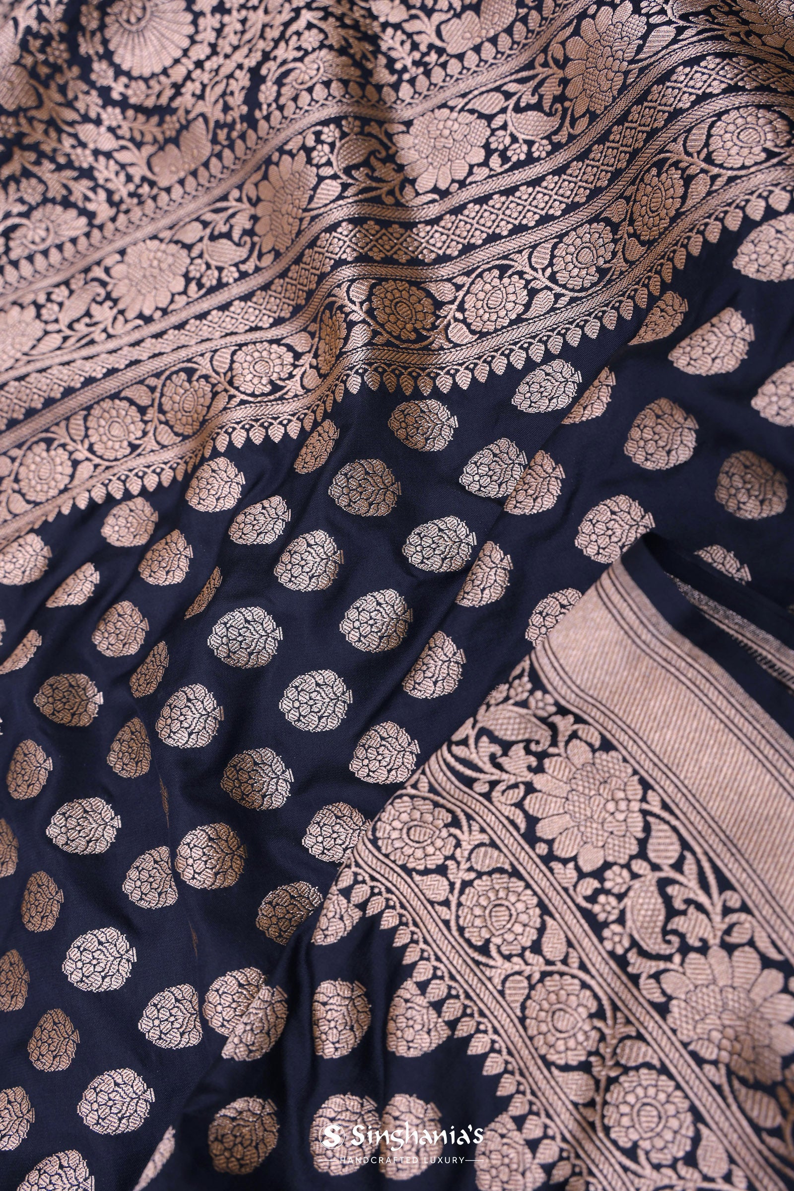 Black Banarasi Silk Saree Gold Zari Border And Butti'S