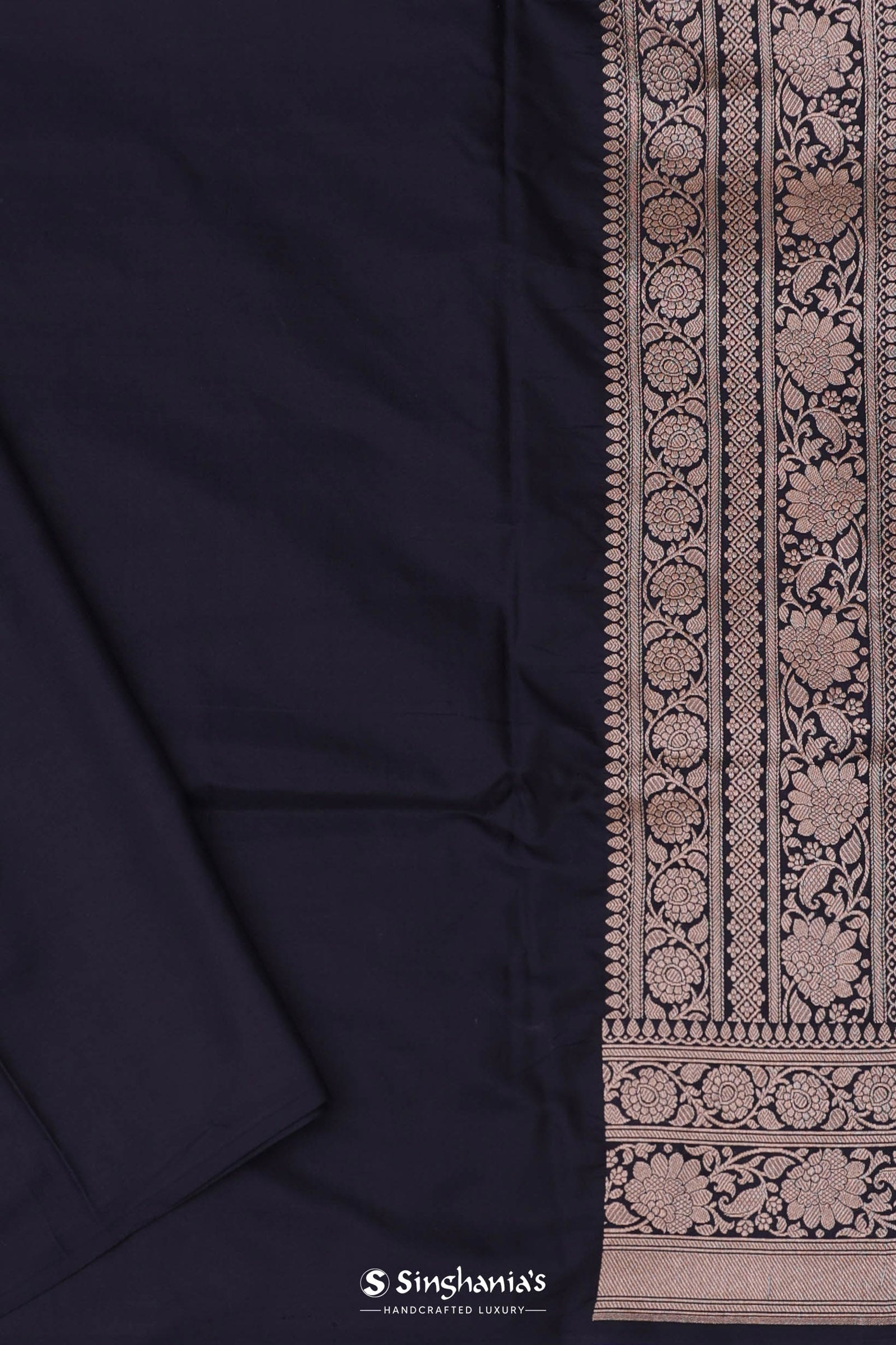 Black Banarasi Silk Saree Gold Zari Border And Butti'S