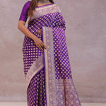 Dark Purple Banarasi Silk Saree With Gold Zari Border And Butti'S
