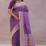 Dark Purple Banarasi Silk Saree With Gold Zari Border And Butti'S