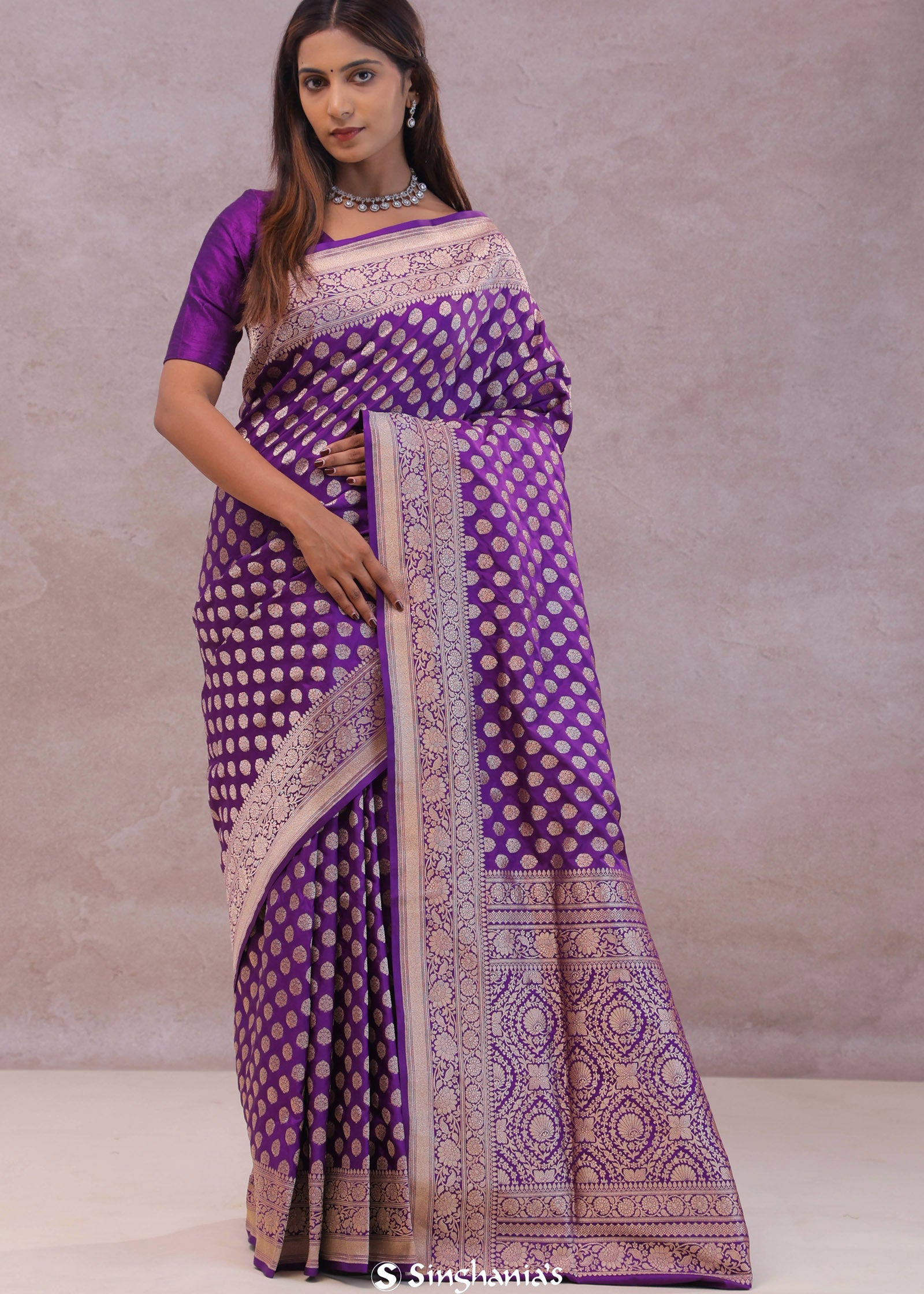 Dark Purple Banarasi Silk Saree With Gold Zari Border And Butti'S