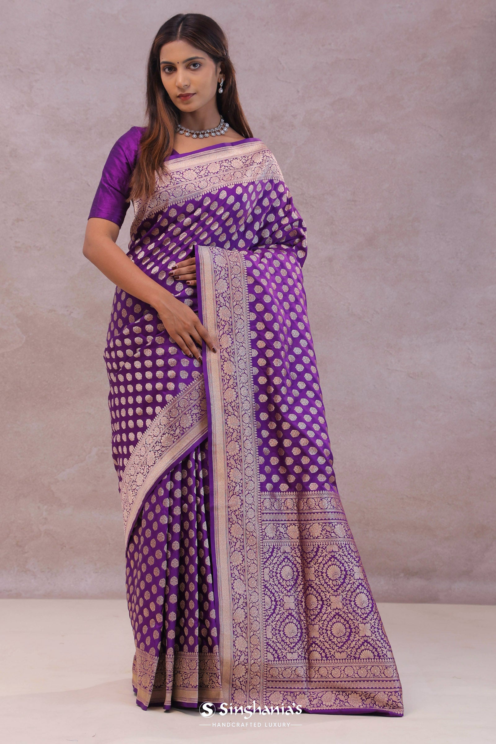 Dark Purple Banarasi Silk Saree With Gold Zari Border And Butti'S