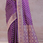 Dark Purple Banarasi Silk Saree With Gold Zari Border And Butti'S