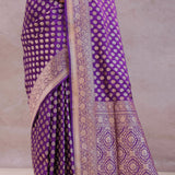Dark Purple Banarasi Silk Saree With Gold Zari Border And Butti'S