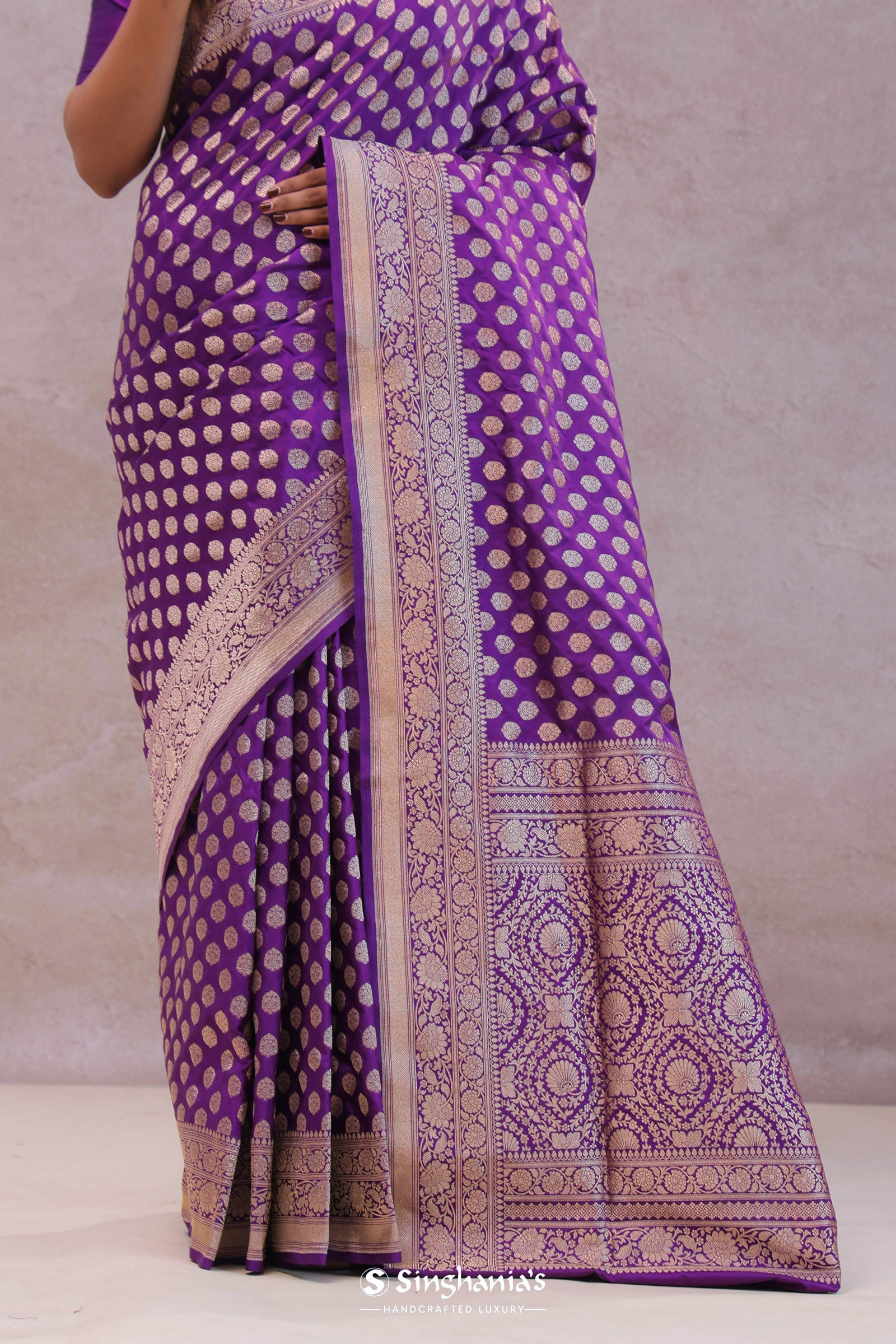 Dark Purple Banarasi Silk Saree With Gold Zari Border And Butti'S