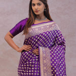 Dark Purple Banarasi Silk Saree With Gold Zari Border And Butti'S