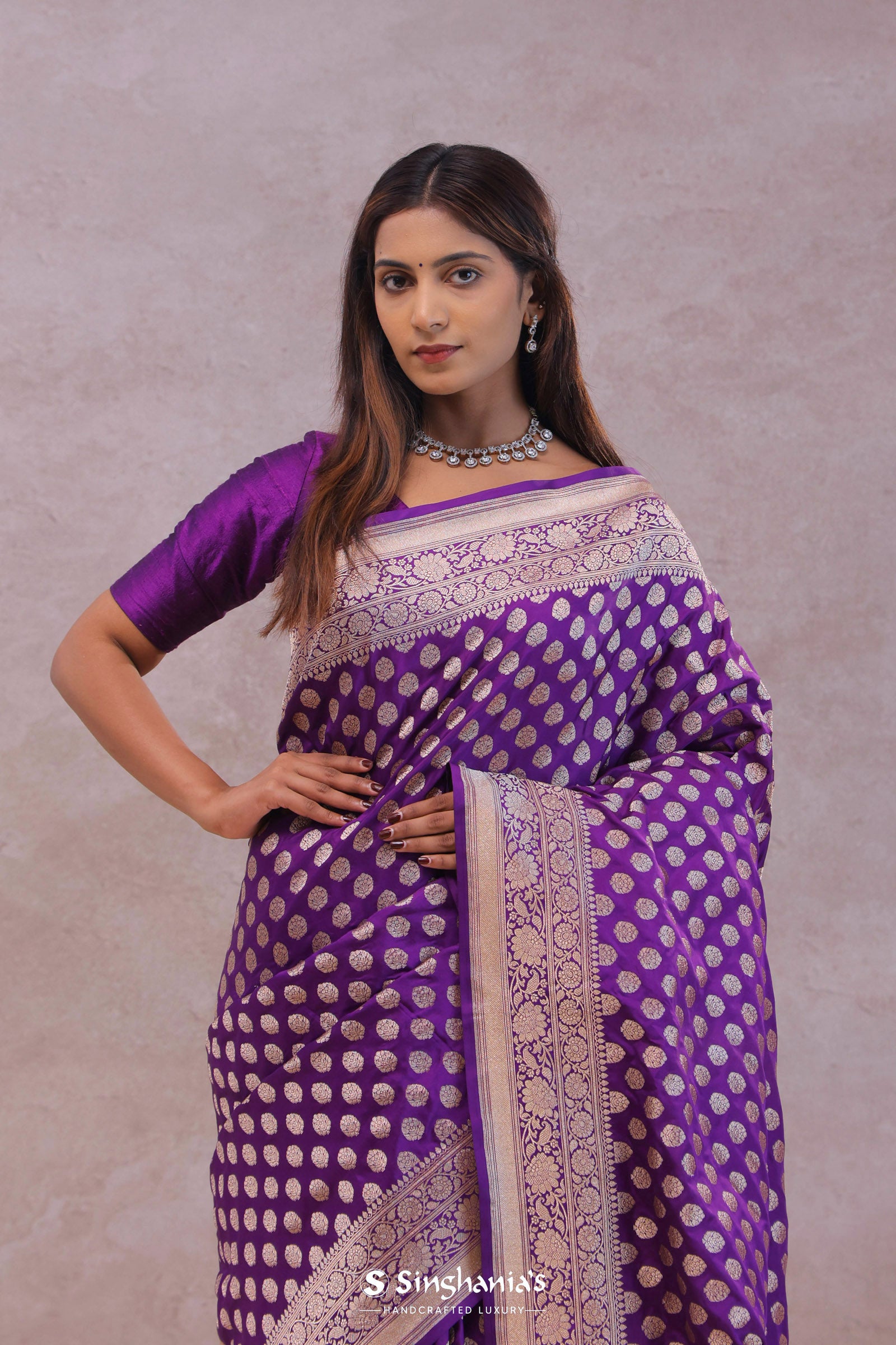 Dark Purple Banarasi Silk Saree With Gold Zari Border And Butti'S
