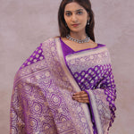 Dark Purple Banarasi Silk Saree With Gold Zari Border And Butti'S