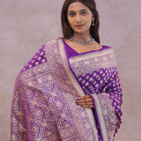 Dark Purple Banarasi Silk Saree With Gold Zari Border And Butti'S