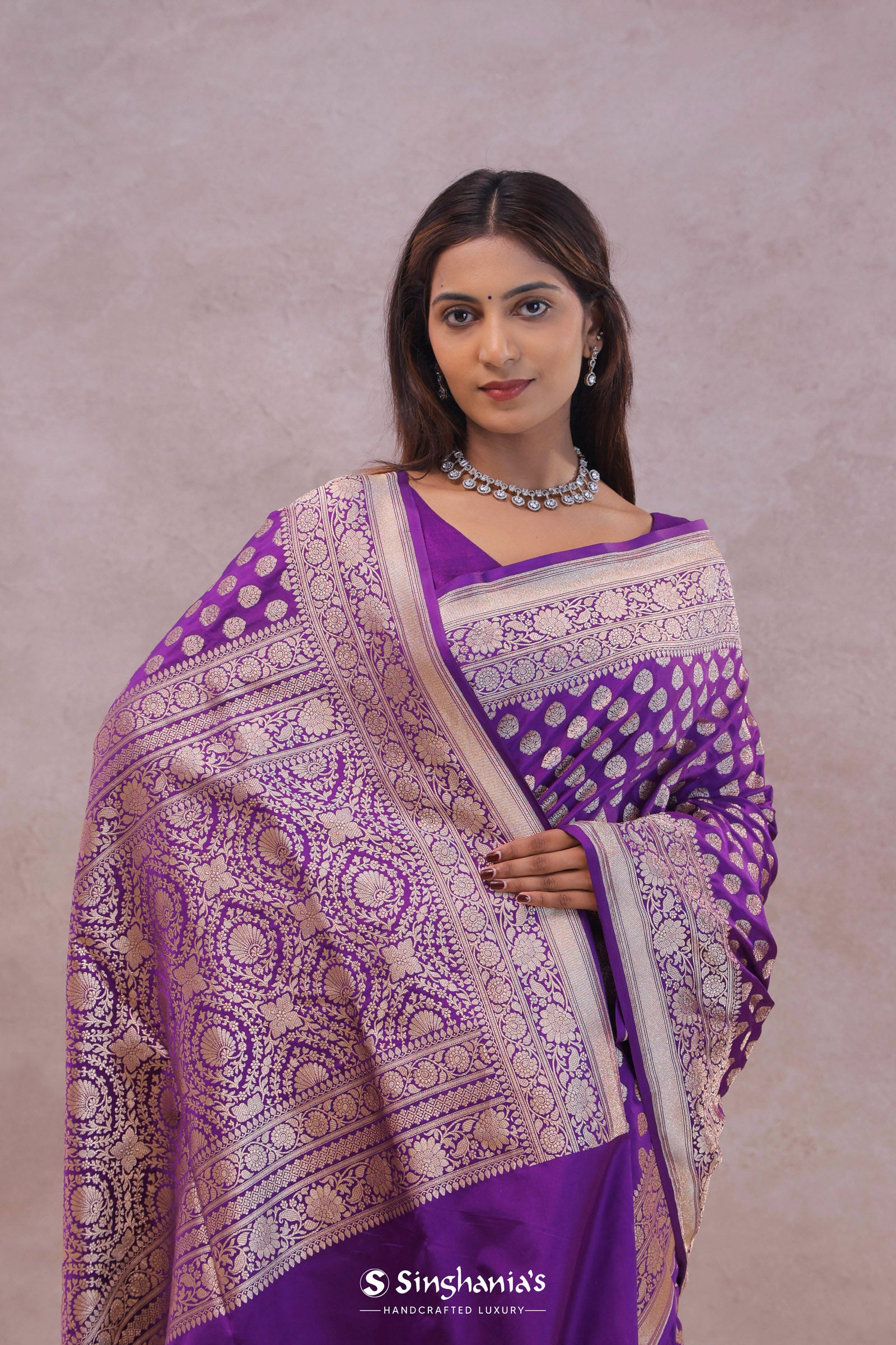 Dark Purple Banarasi Silk Saree With Gold Zari Border And Butti'S