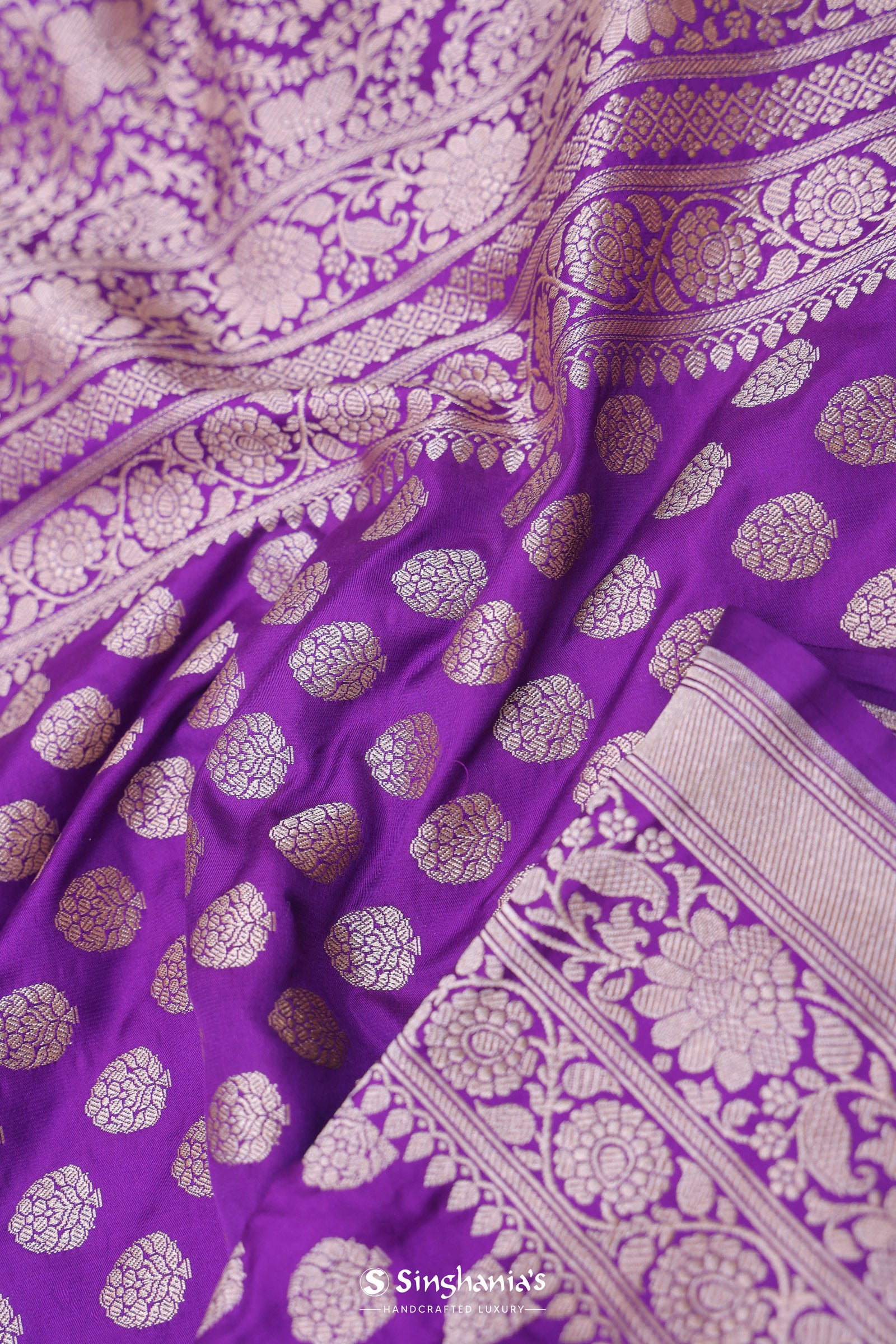 Dark Purple Banarasi Silk Saree With Gold Zari Border And Butti'S