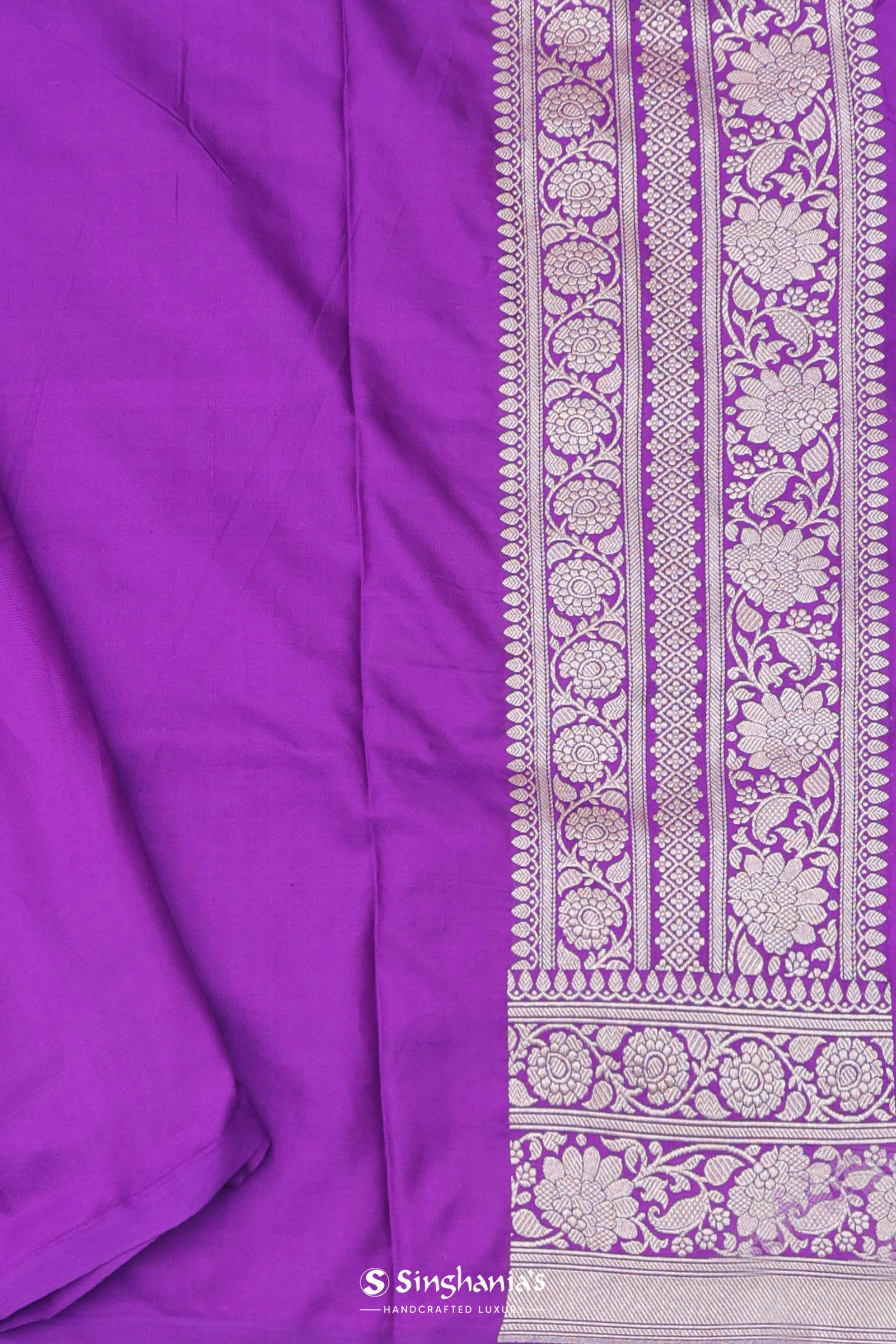 Dark Purple Banarasi Silk Saree With Gold Zari Border And Butti'S