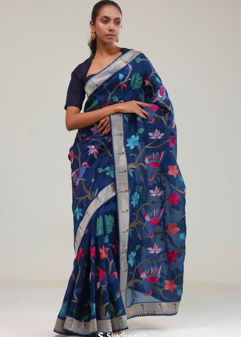 Prussian Blue Crafted Organza Saree