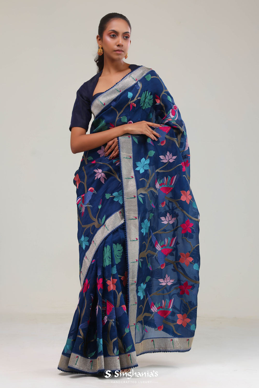 Prussian Blue Crafted Organza Saree