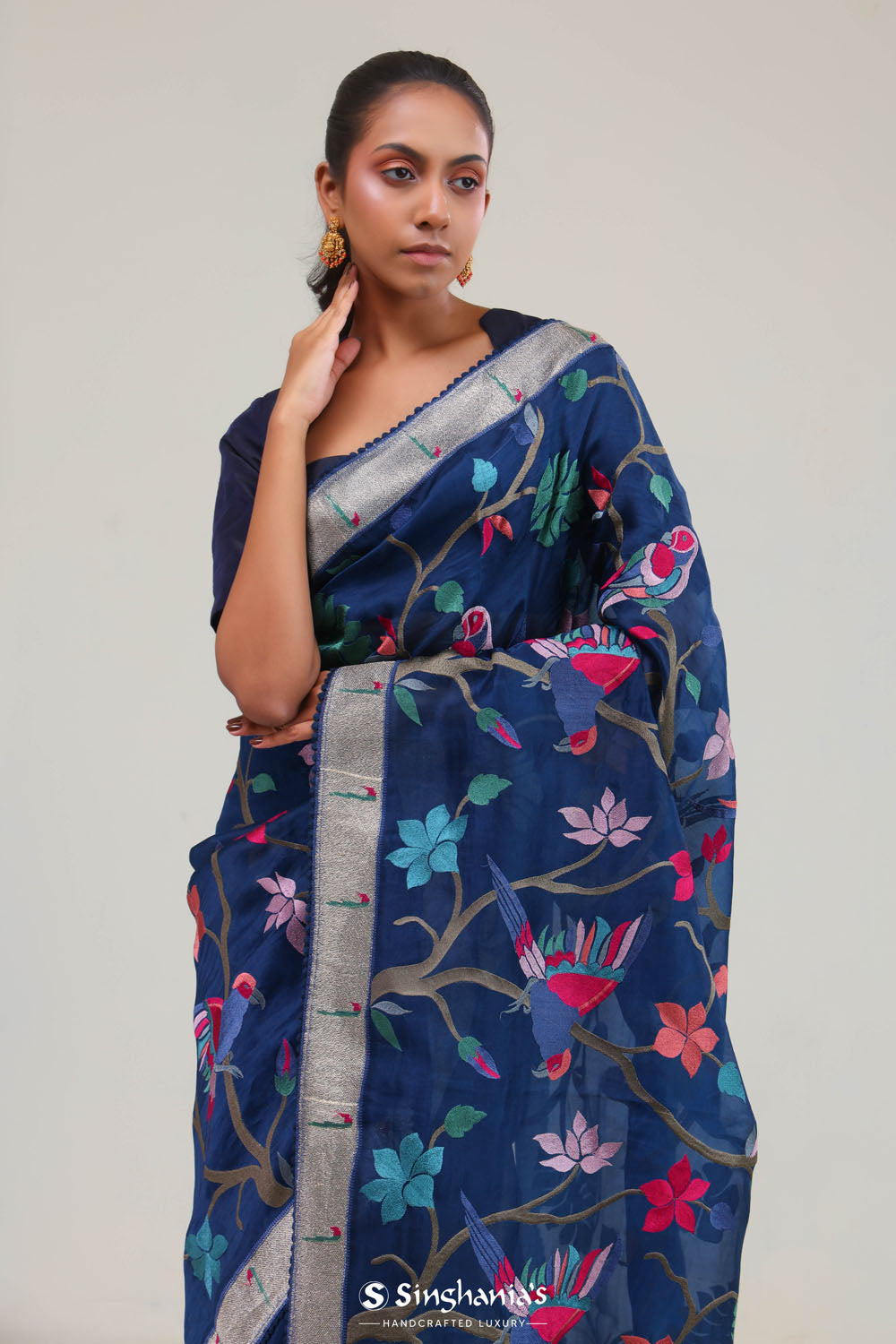Prussian Blue Crafted Organza Saree