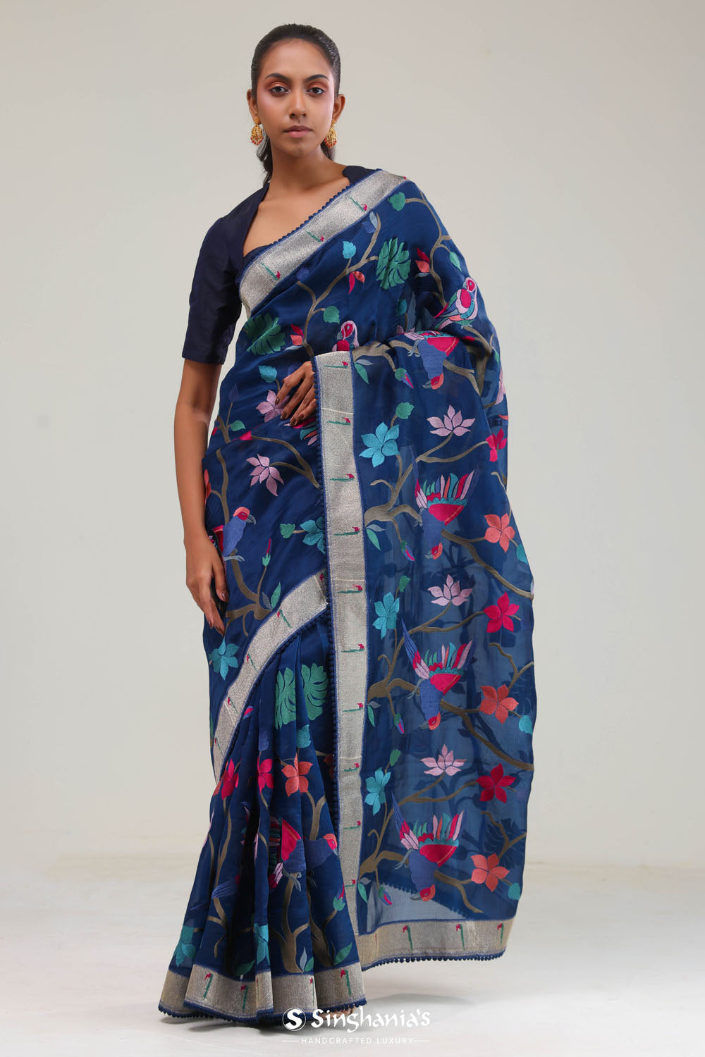 Prussian Blue Crafted Organza Saree
