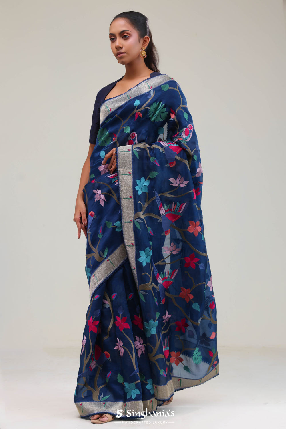 Prussian Blue Crafted Organza Saree