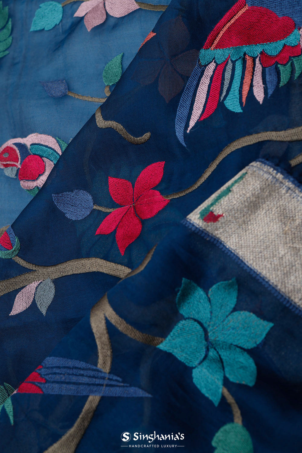 Prussian Blue Crafted Organza Saree