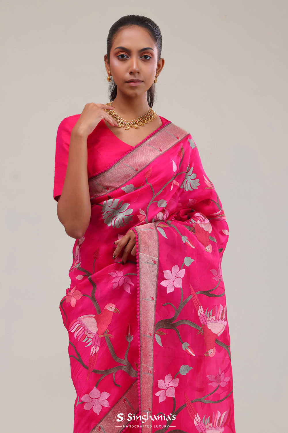 Ruby Pink Crafted Organza Saree