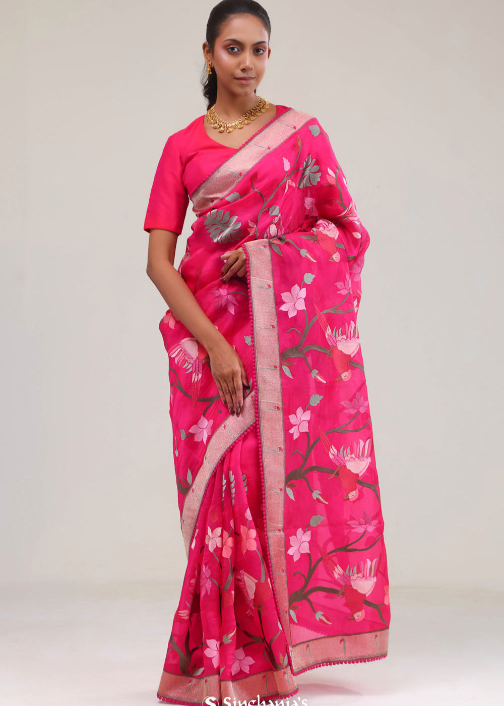 Ruby Pink Crafted Organza Saree