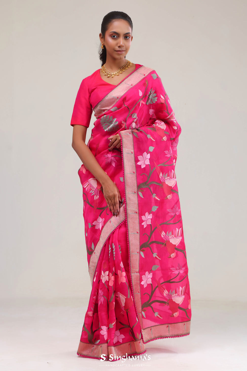 Ruby Pink Crafted Organza Saree