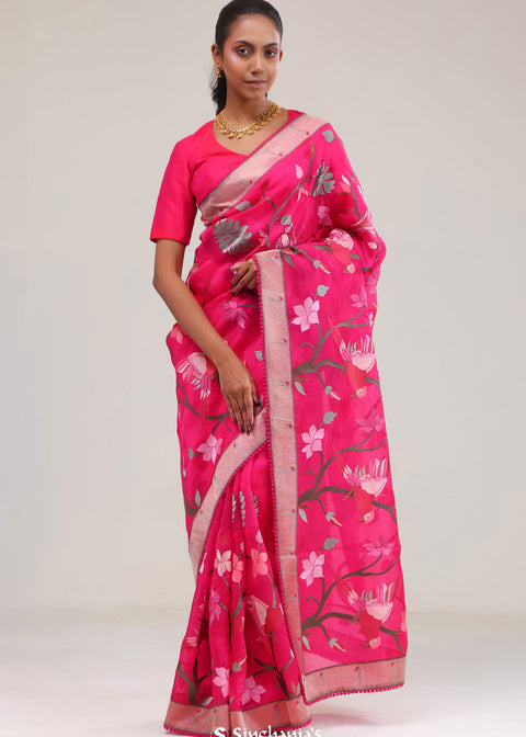 Ruby Pink Crafted Organza Saree