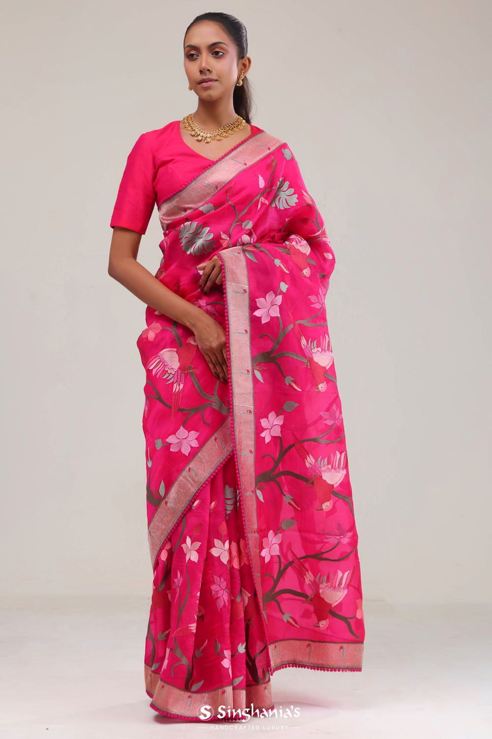 Ruby Pink Crafted Organza Saree