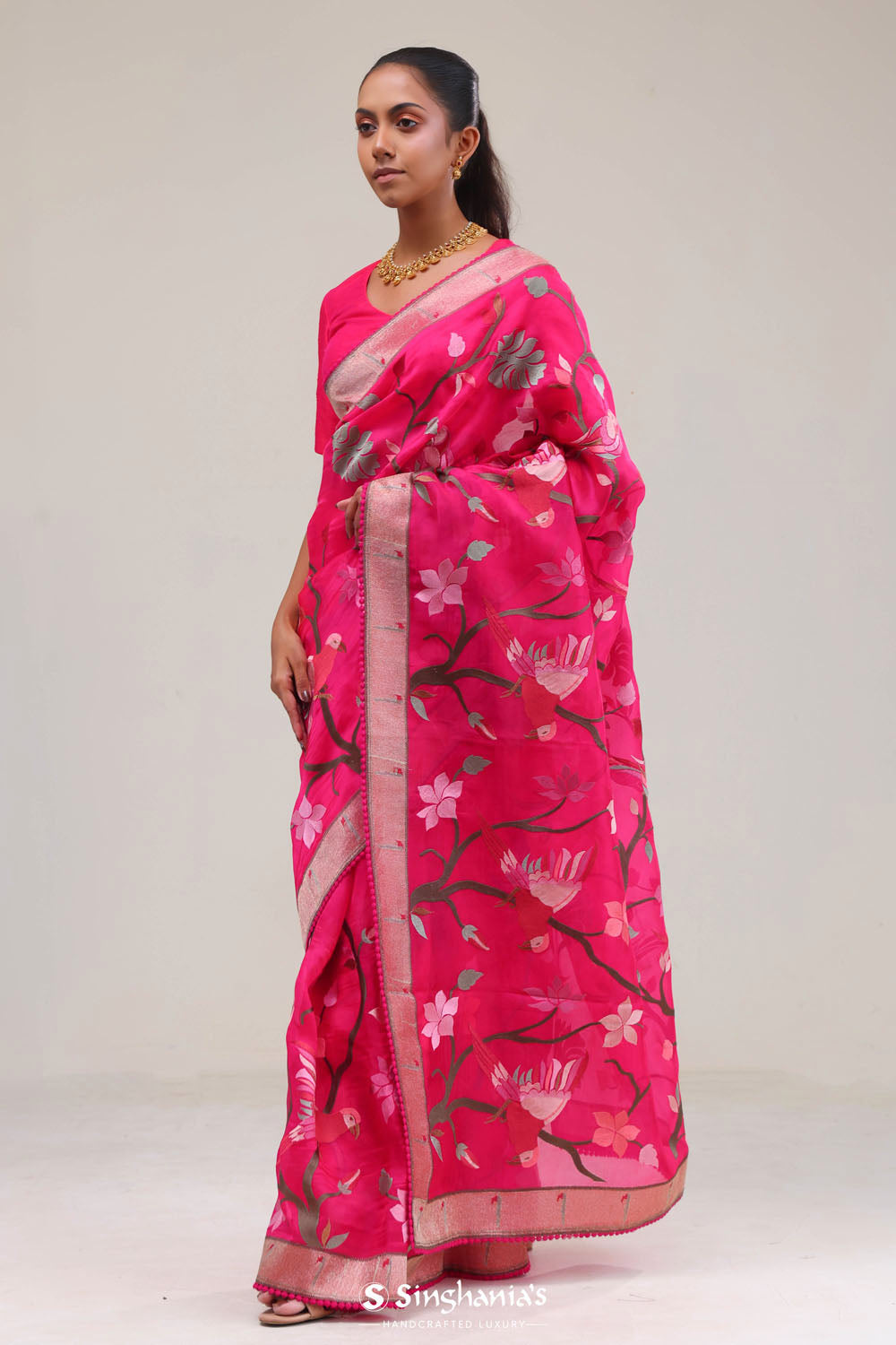Ruby Pink Crafted Organza Saree